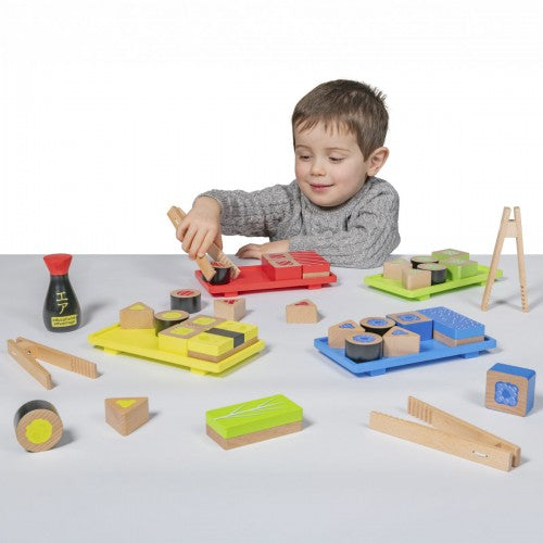 Sushi sorting wooden play set with sushi block pieces and trays