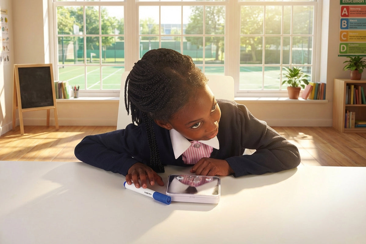 Children's sound-and-mirror learning device on a table as a child leans in