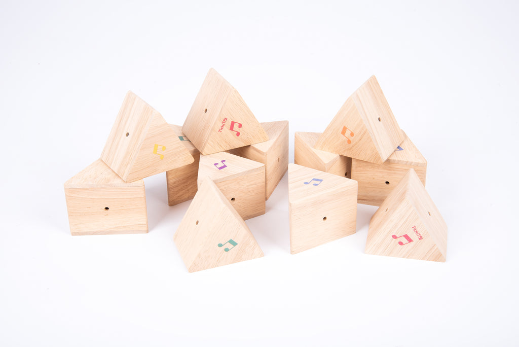 Assorted wooden sound prism triangular blocks with colorful musical note decals