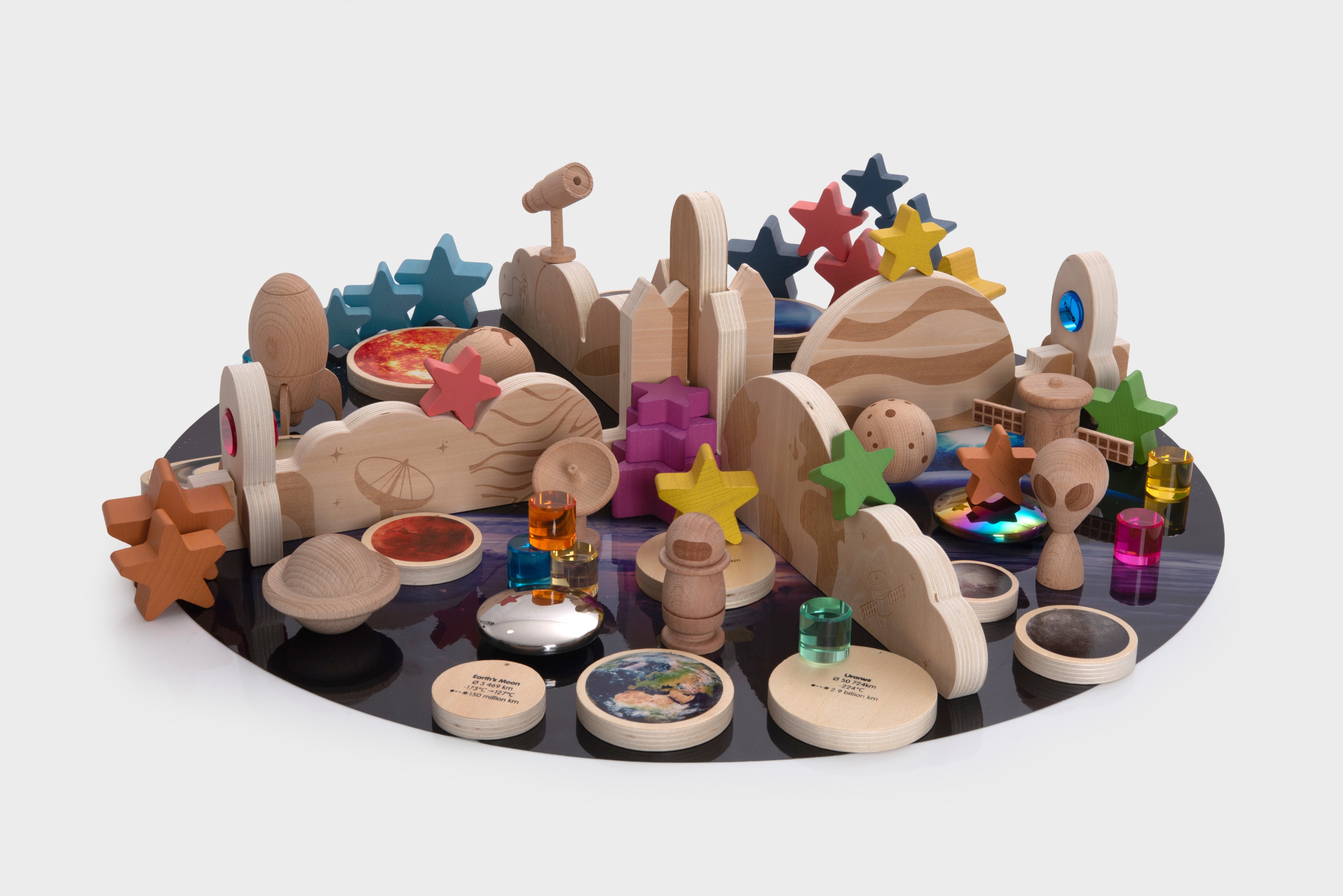 Wooden space-themed resource bundle arranged in a crescent with planets, stars, rockets