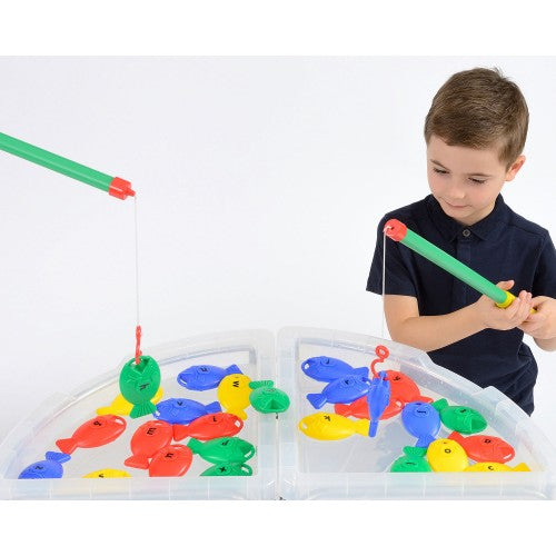 Letter fishing toy set with plastic fish and green fishing pole, A-Z