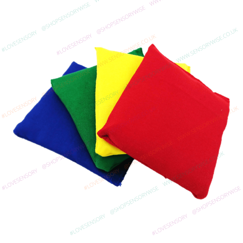 Set of square cotton bean bags in yellow, green, blue and red