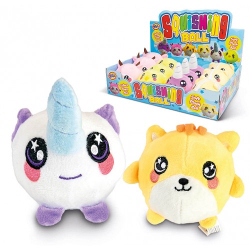 Plush squishing ball toys: white unicorn and yellow dog, soft stuffed face with horn