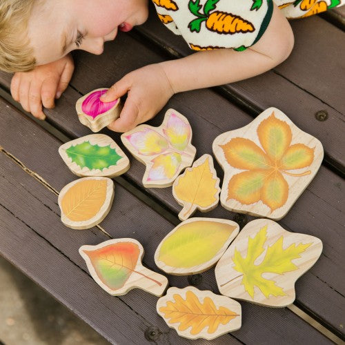 Colorful leaf-shaped wooden stacking pieces, assorted autumn colors