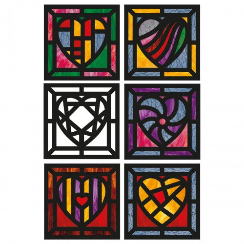 Stained glass heart frame set with six multicolor heart designs in dark frames