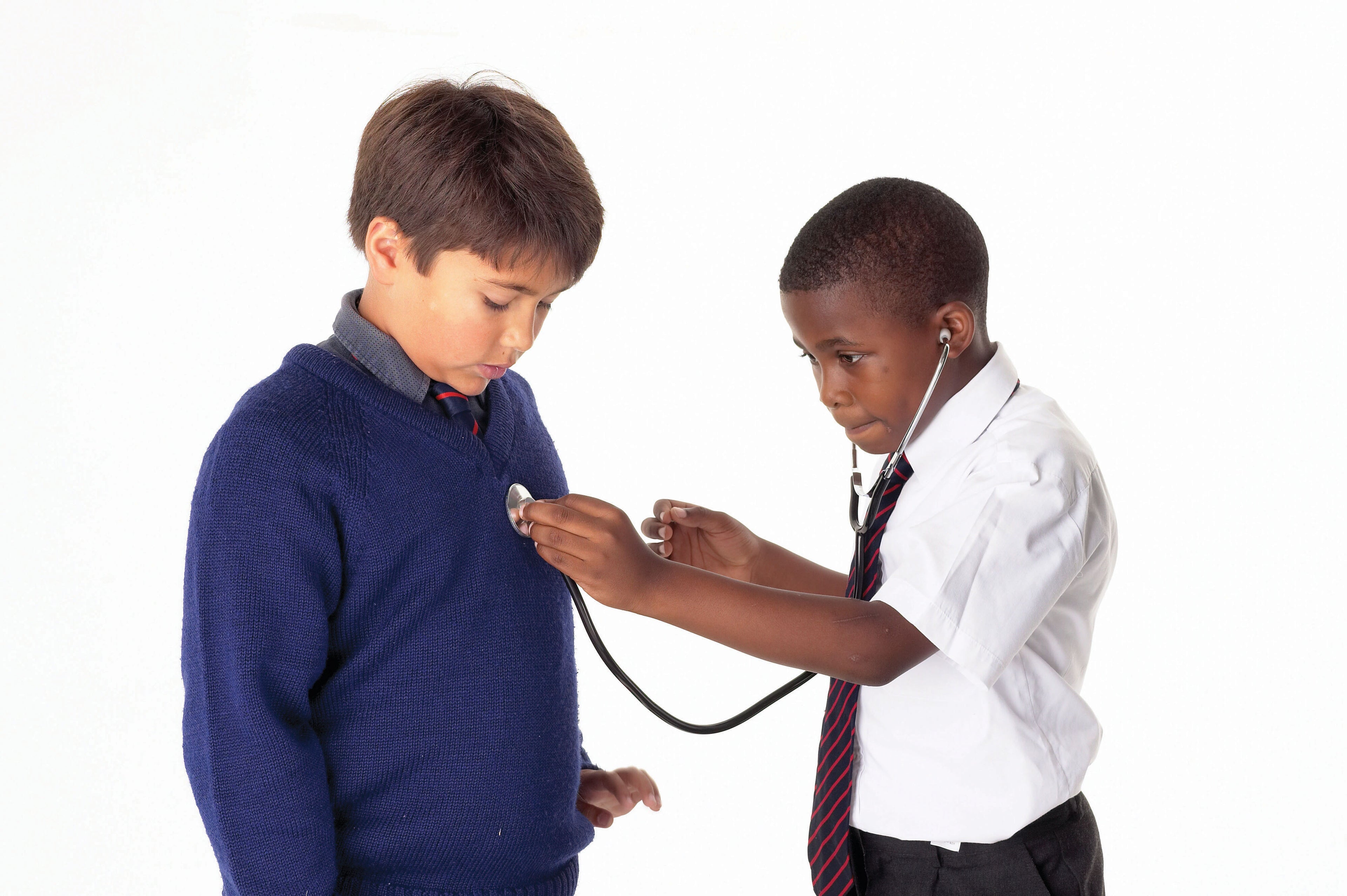 Medical stethoscope with black tubing, children listening to the chest