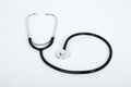 Medical stethoscope with chrome chestpiece and black tubing, one earpiece
