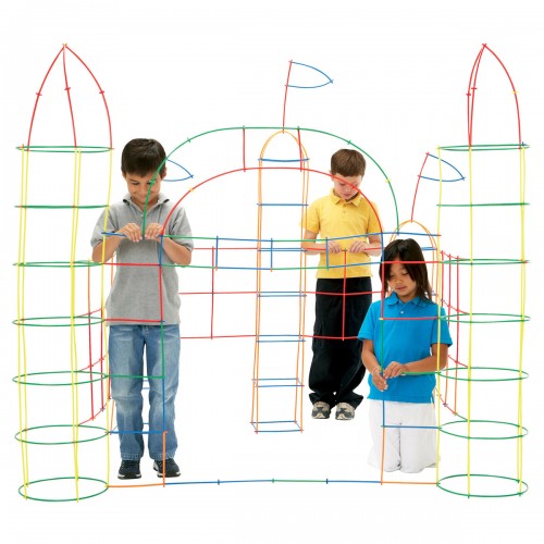 Colorful plastic straw tubes and connectors forming a tall geometric play structure