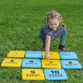 Large number tiles with dot and grid faces, yellow and blue, for connecting play
