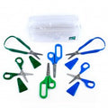 Scissors kit with assorted colorful scissors and plastic organizer box