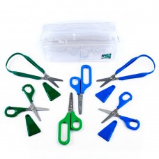 Scissors kit with assorted colorful scissors and plastic organizer box