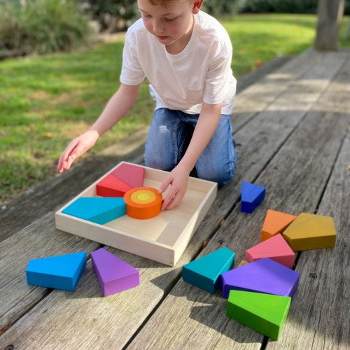 Colorful blocks with light wood tray for sorting and stacking