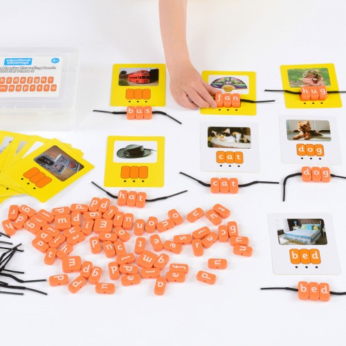 Orange CVC letter beads with black threading strings and word picture cards