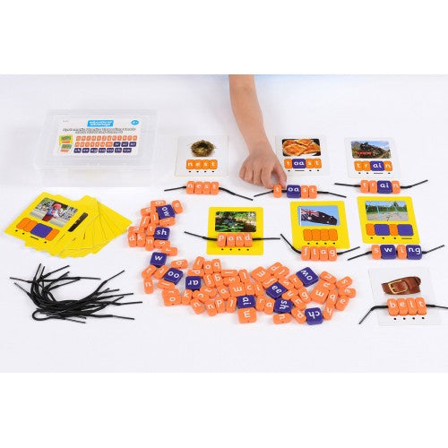 Phonics threading beads set with orange letter blocks and black lacing cords