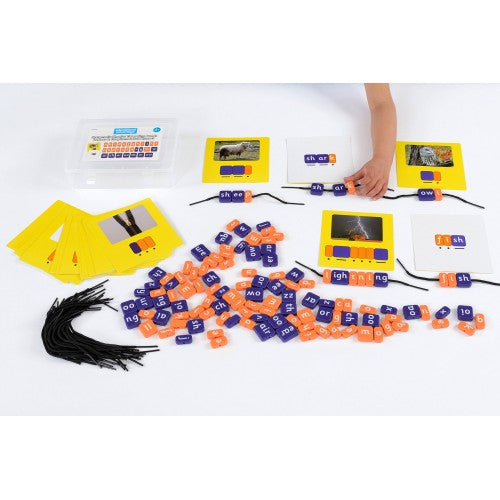 Phonics threading beads set with letter and grapheme beads on strings