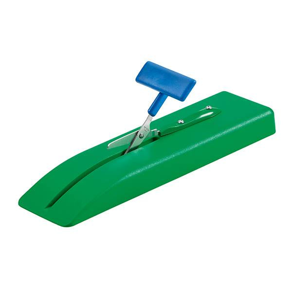 Green tabletop scissors with blue handle and plastic base