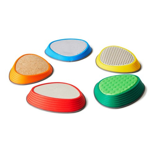 Set of 5 tactile oval stepping stones with textured tops: blue, orange, green, yellow, red