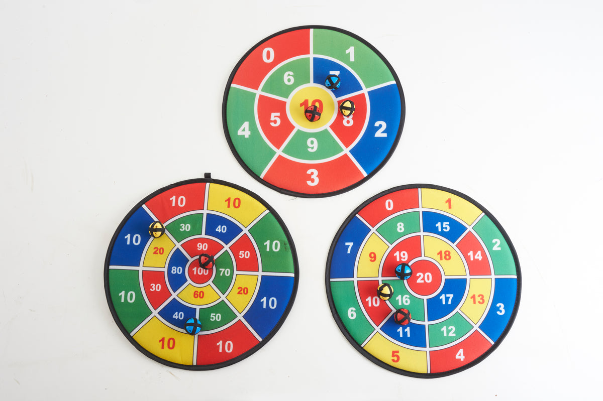 Number dartboard set with three round targets in red, green, and blue segments