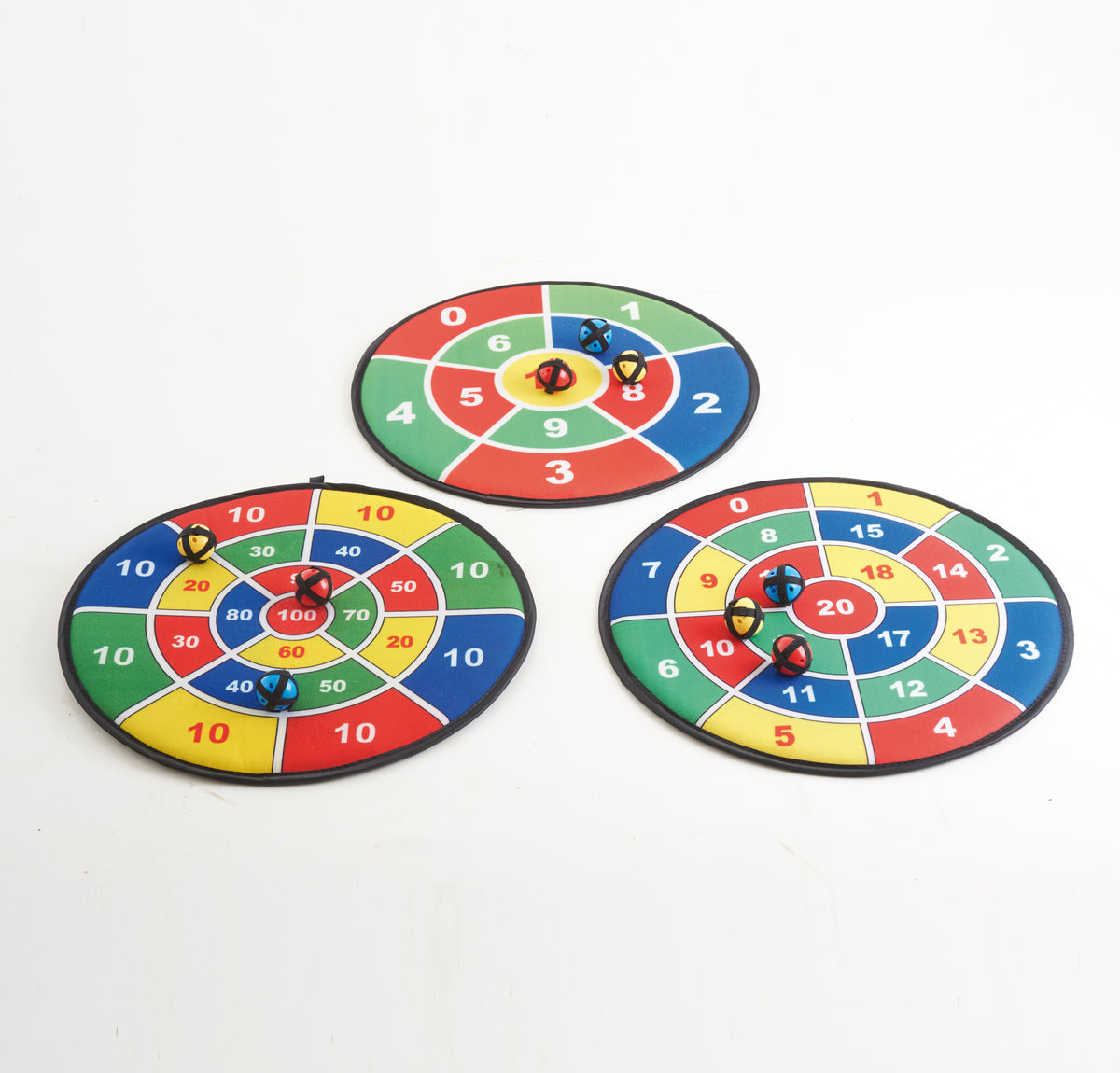 Maths number dartboard set with three round targets, each with a center bullseye