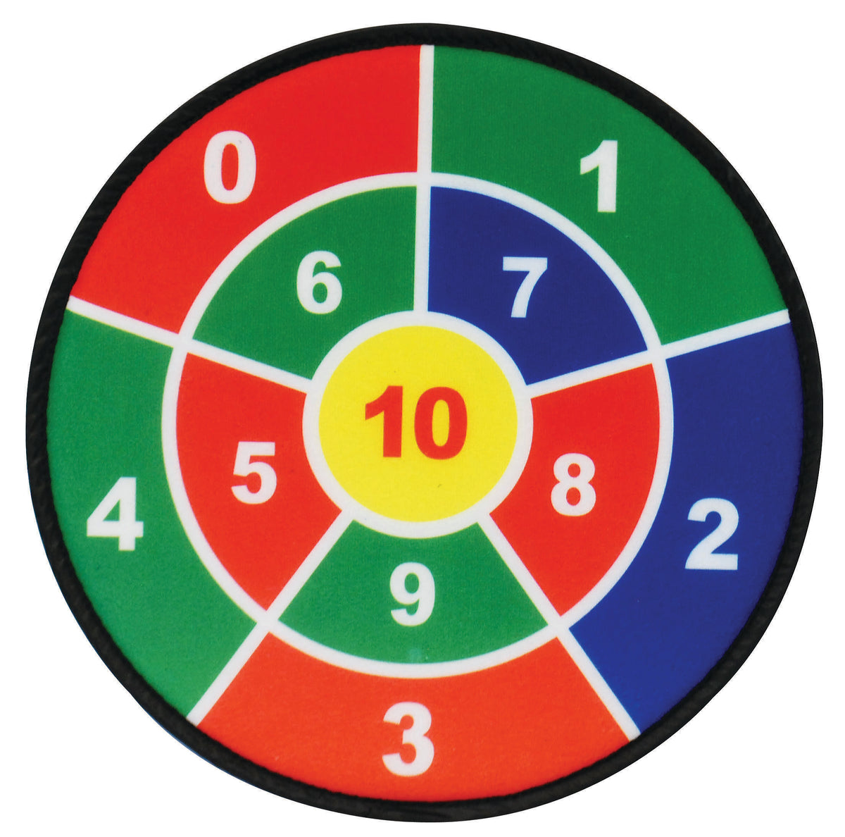 Close-up of a round number dartboard with colored segments and a central yellow ring
