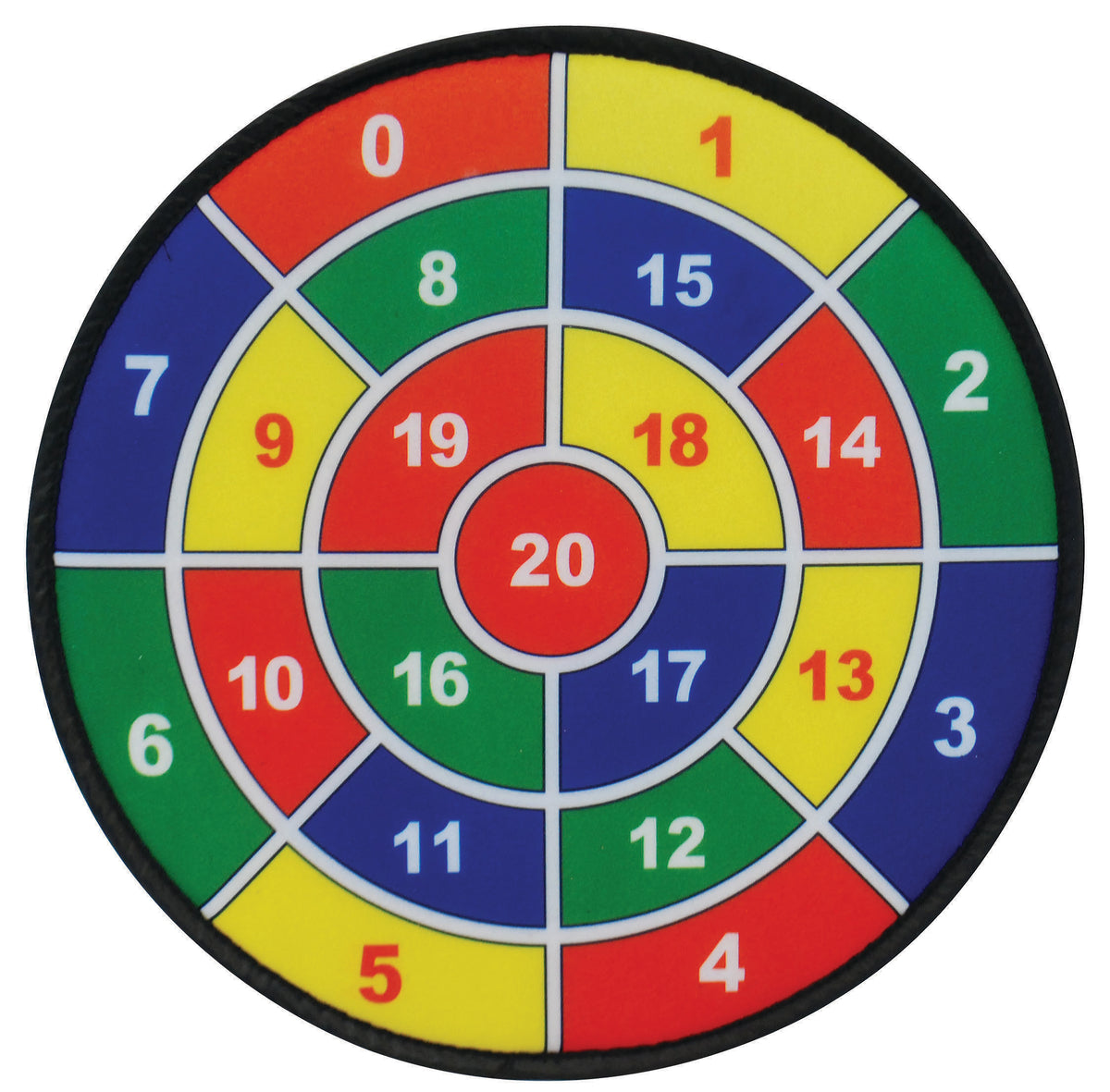 Close-up of a round number dartboard with multicolor segments and a central “20” circle