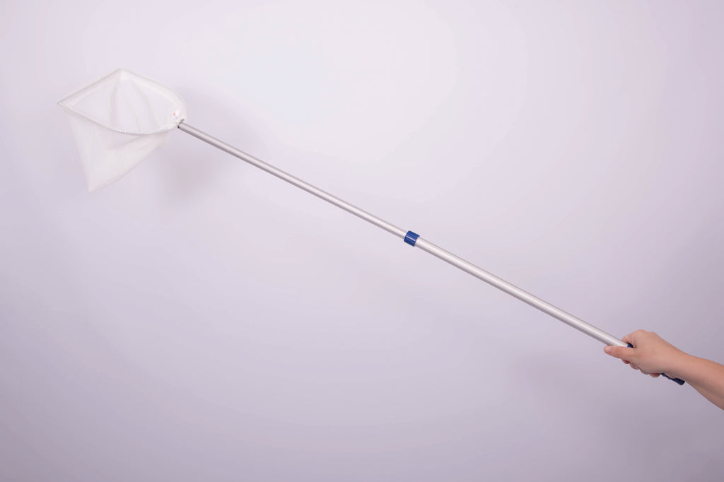 Telescopic pond net with long silver pole and white mesh net, blue joints