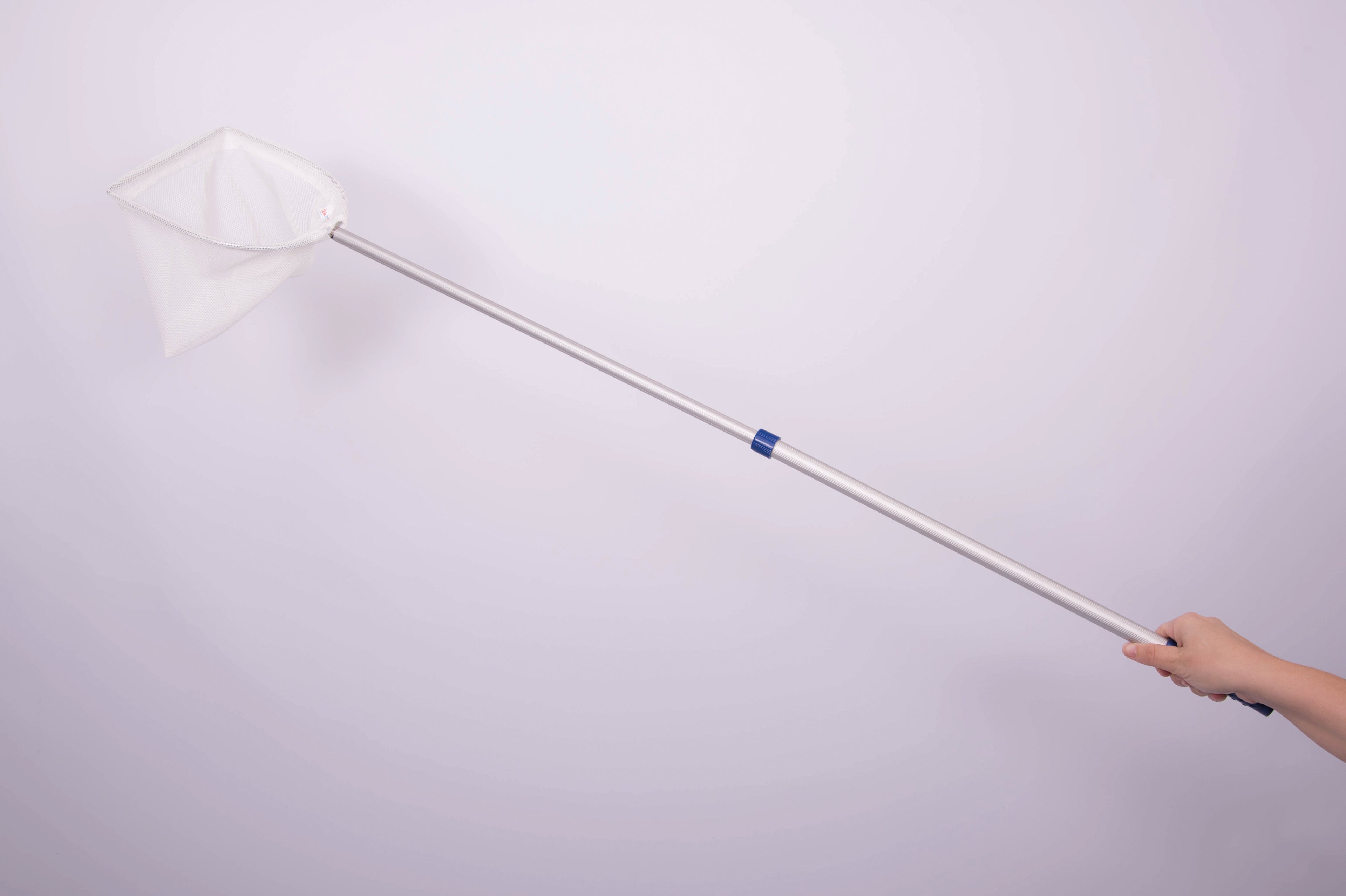 Telescopic pond net with long silver pole and white mesh net, blue joints