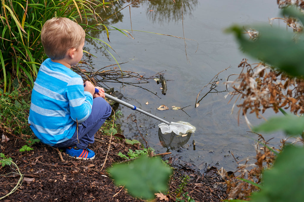 Telescopic pond net with white mesh scoop on a silver handle, used at the pond edge
