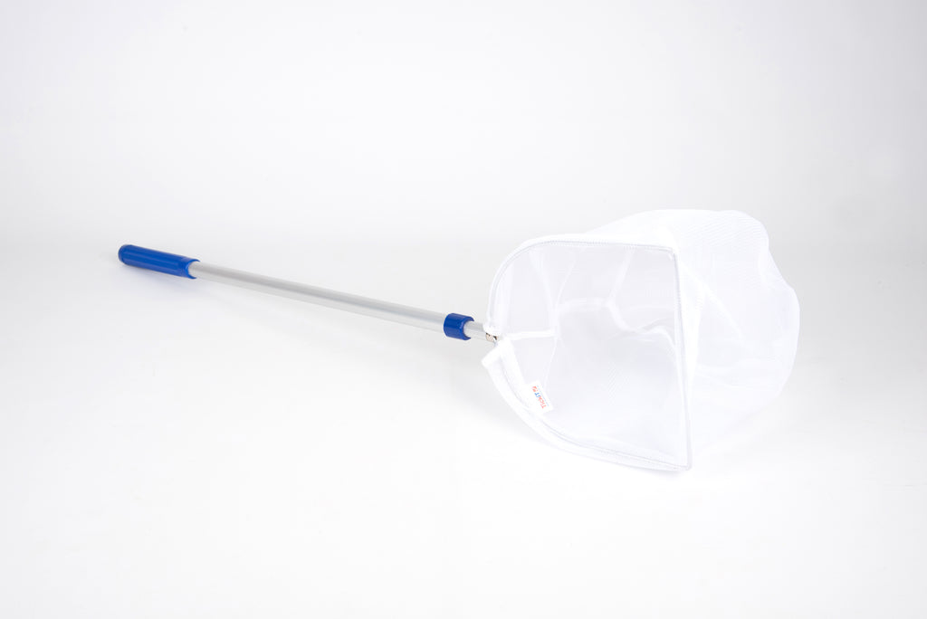 Close view of white mesh pond net head on a silver telescopic handle with blue tips