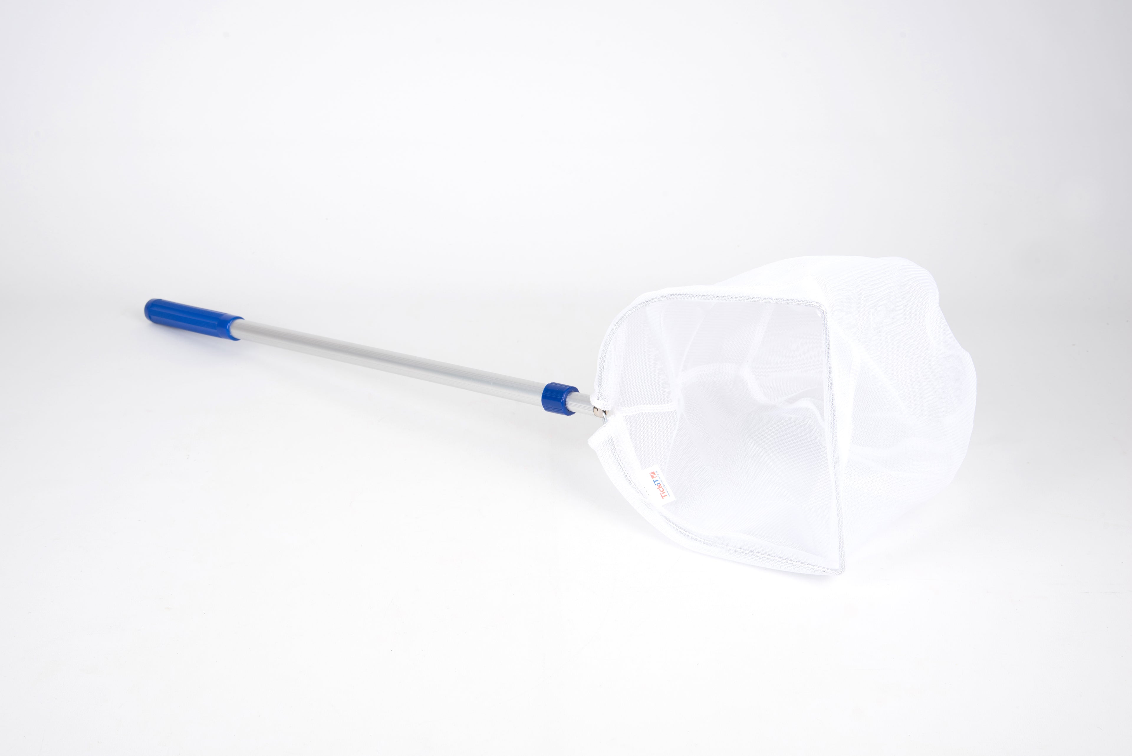 Close view of white mesh pond net head on a silver telescopic handle with blue tips