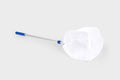 White mesh pond net scoop on a silver telescopic handle with blue connectors