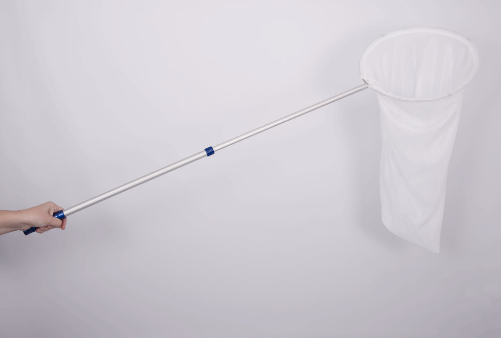 Telescopic sweep net with white mesh bag, silver pole, and blue connector grip