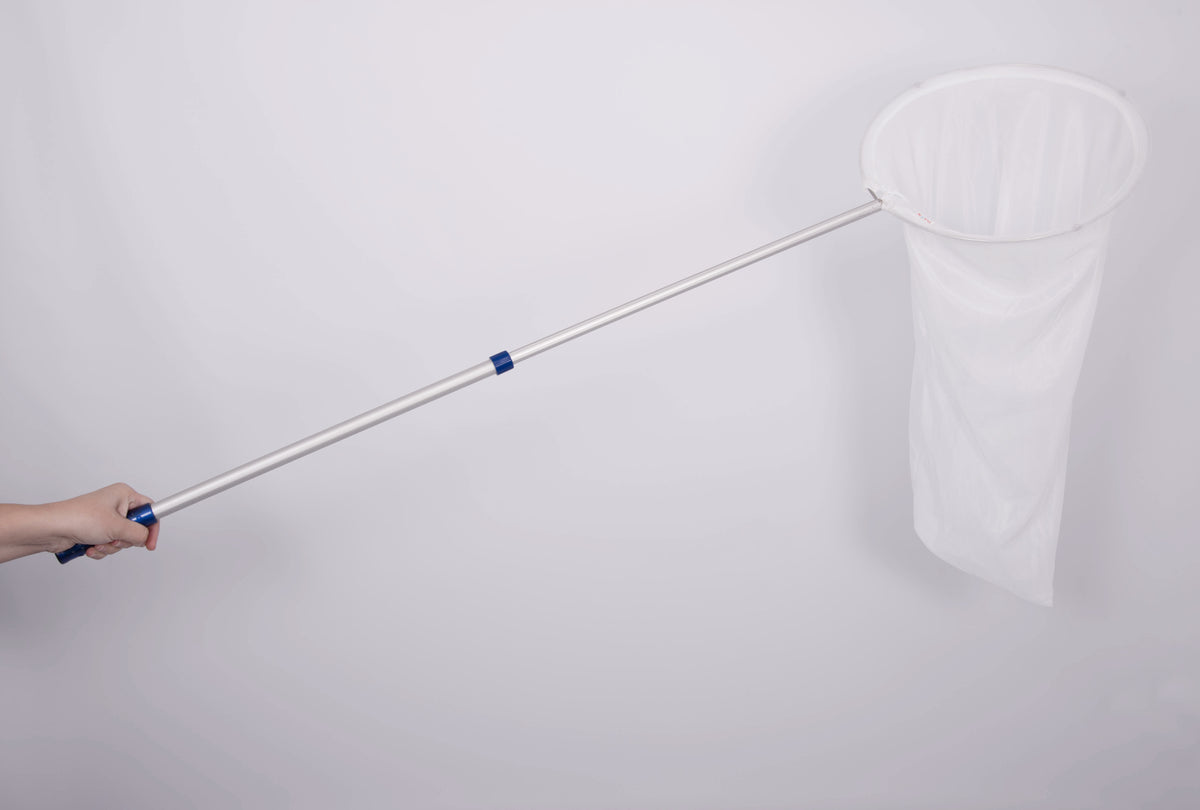 Telescopic sweep net with white mesh bag, silver pole, and blue connector grip