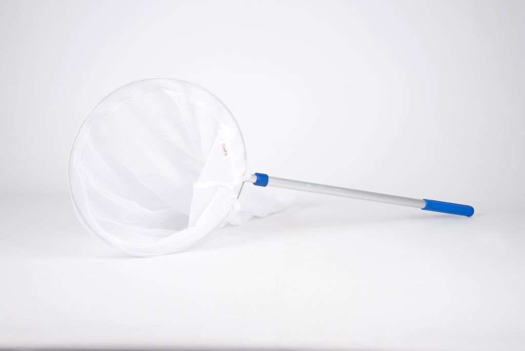 Telescopic sweep net with white mesh bag and silver pole, blue handle grip