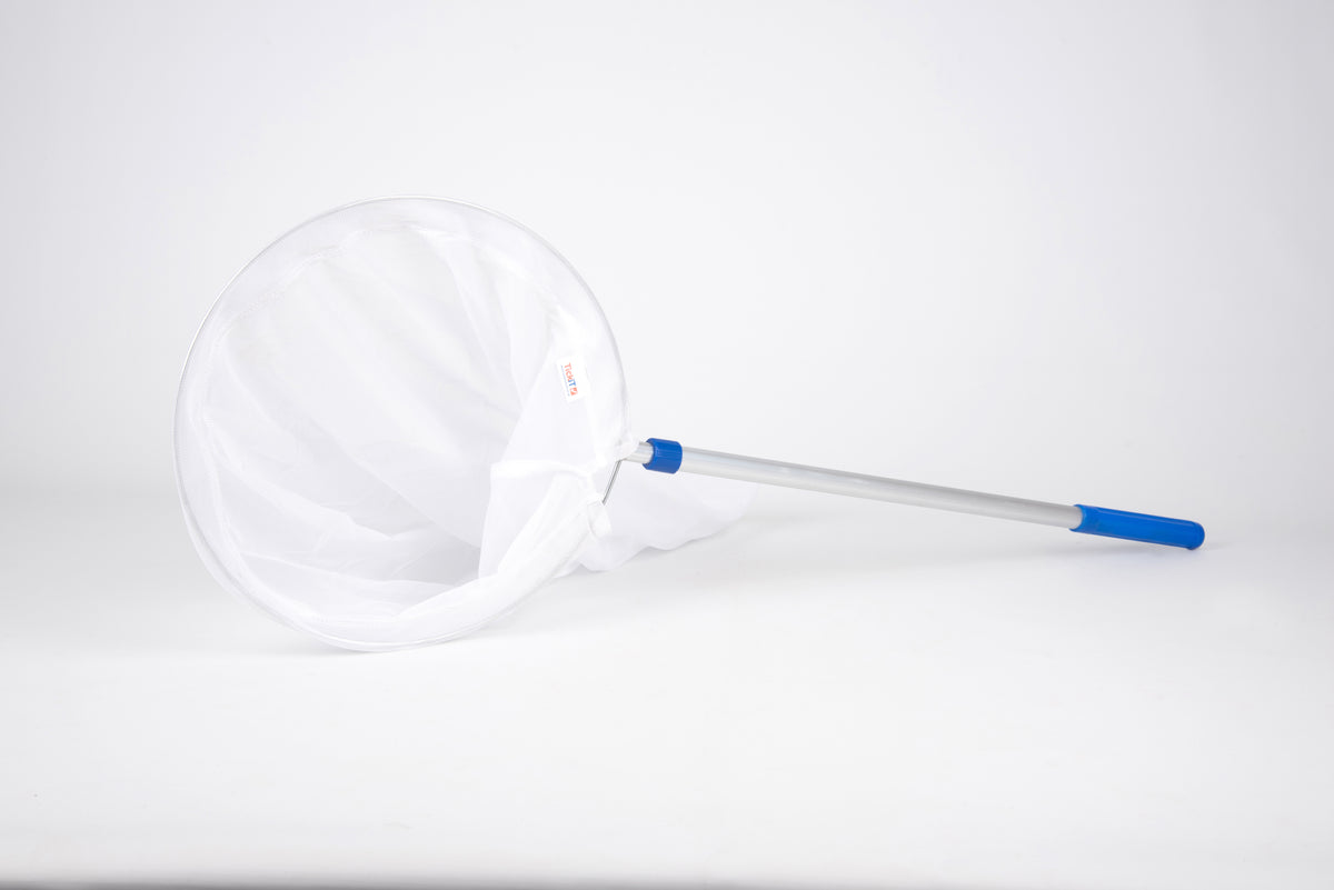 Telescopic sweep net with white mesh bag and silver pole, blue handle grip