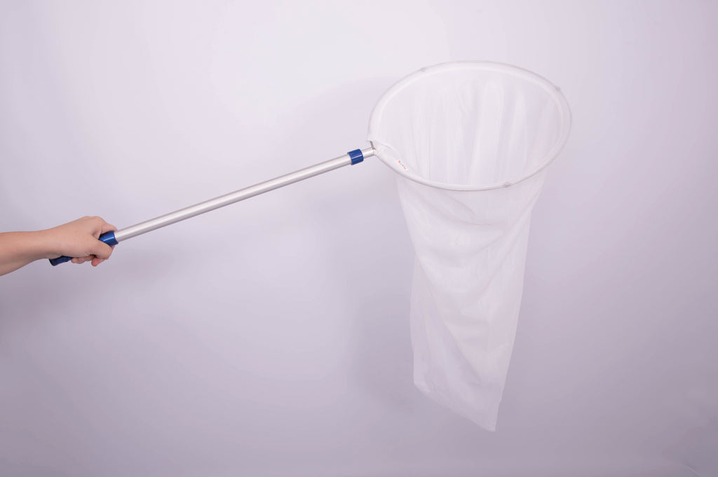 Telescopic sweep net with white mesh bag attached to silver telescopic pole and blue parts