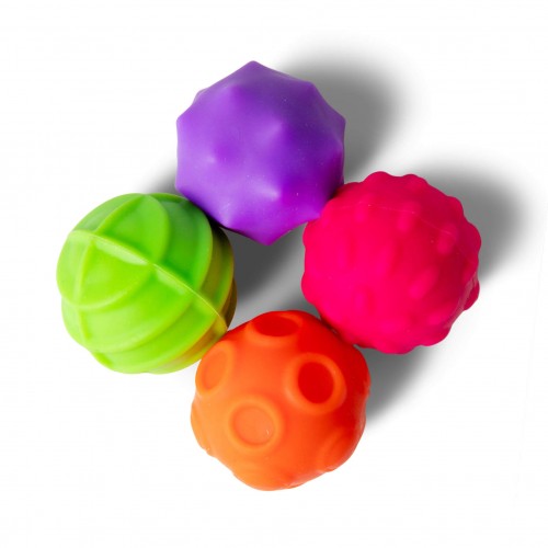 Set of 4 textured magnetic sensory spheres: purple, green, red, and orange.
