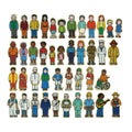 Set of small cartoon people figurines in varied outfits, standing in rows