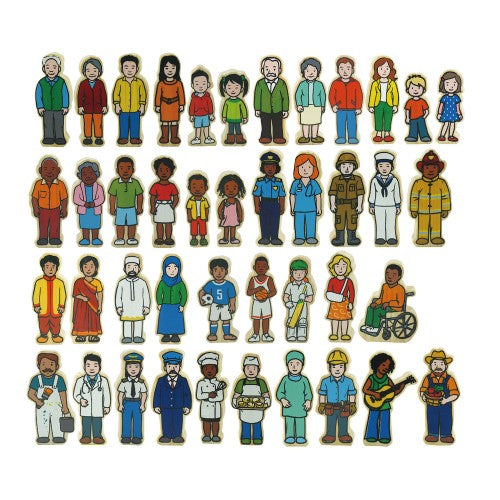 Set of small cartoon people figurines in varied outfits, standing in rows