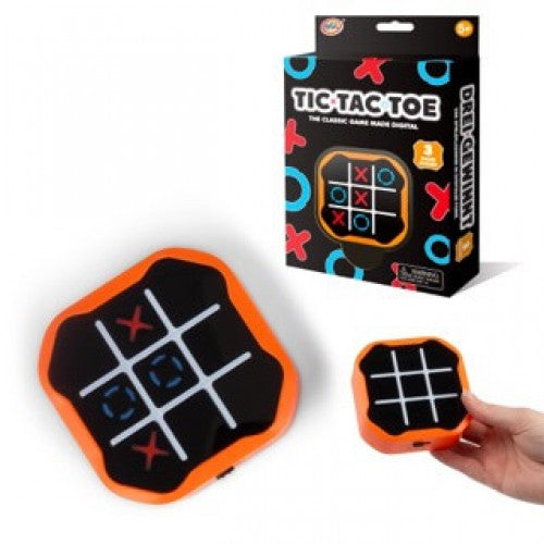 Handheld electronic tic tac toe game device, black screen with X and O marks