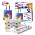 Tie-dye tote bag kit with colorful spiral tote, fabric dyes, and accessories