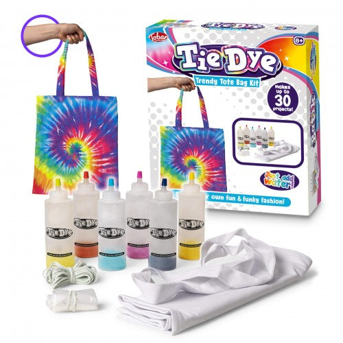 Tie-dye tote bag kit with colorful spiral tote, fabric dyes, and accessories