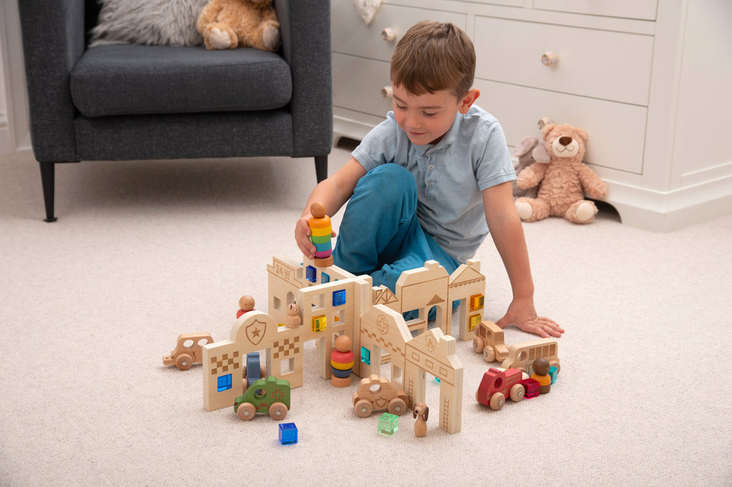 Town discovery dividers set with wooden town buildings and vehicles as a child places pieces
