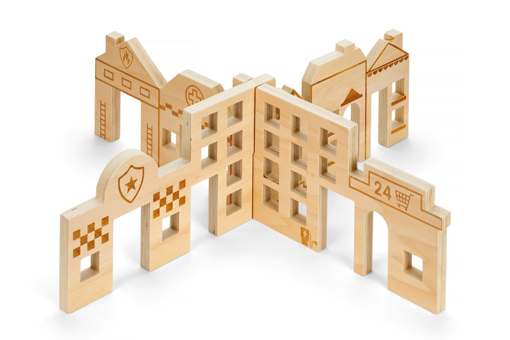 Wooden town discovery dividers with gate and road pieces, no accessories shown