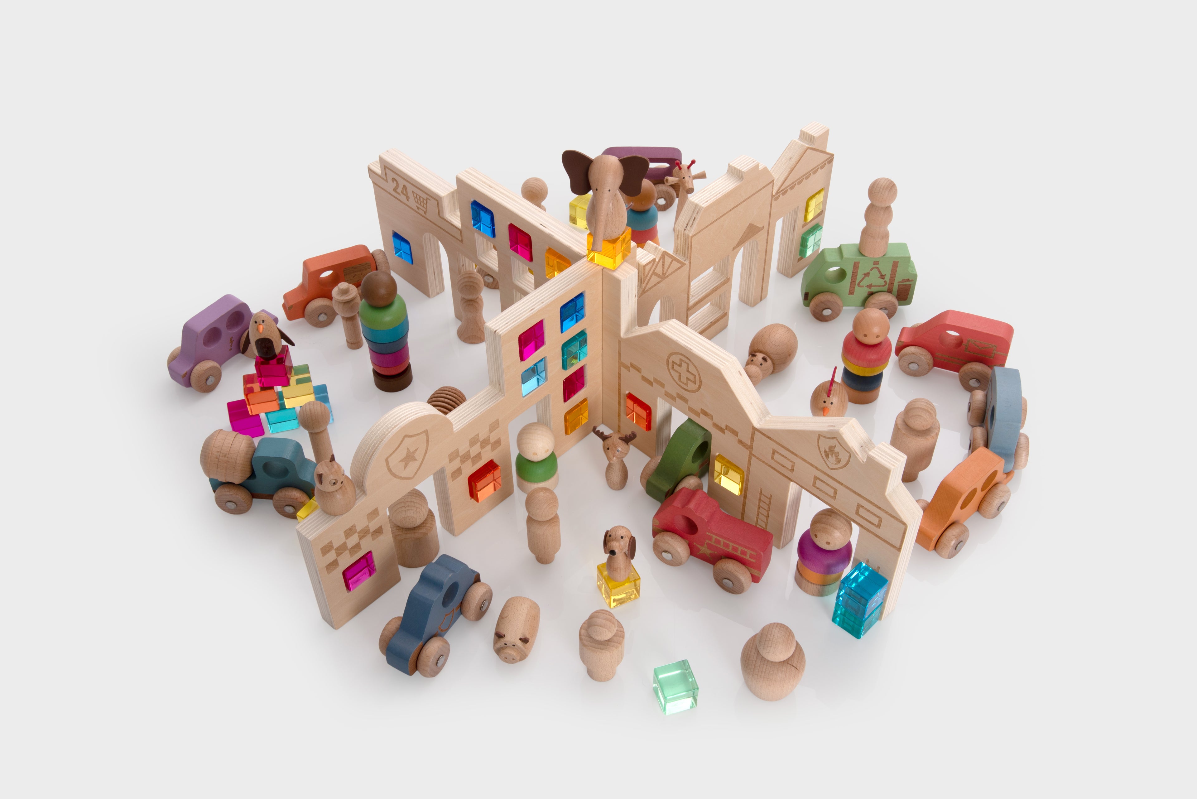 Wooden town playset with house pieces, mini figures, and toy vehicles
