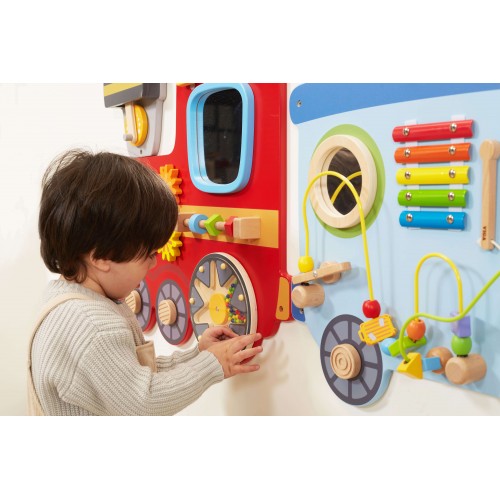 Train wall panel with activity doors, gears, and bead maze pieces in bright colors