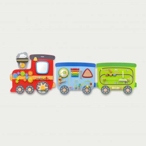 Colorful train wall panel with red, blue, and green train cars and wheels
