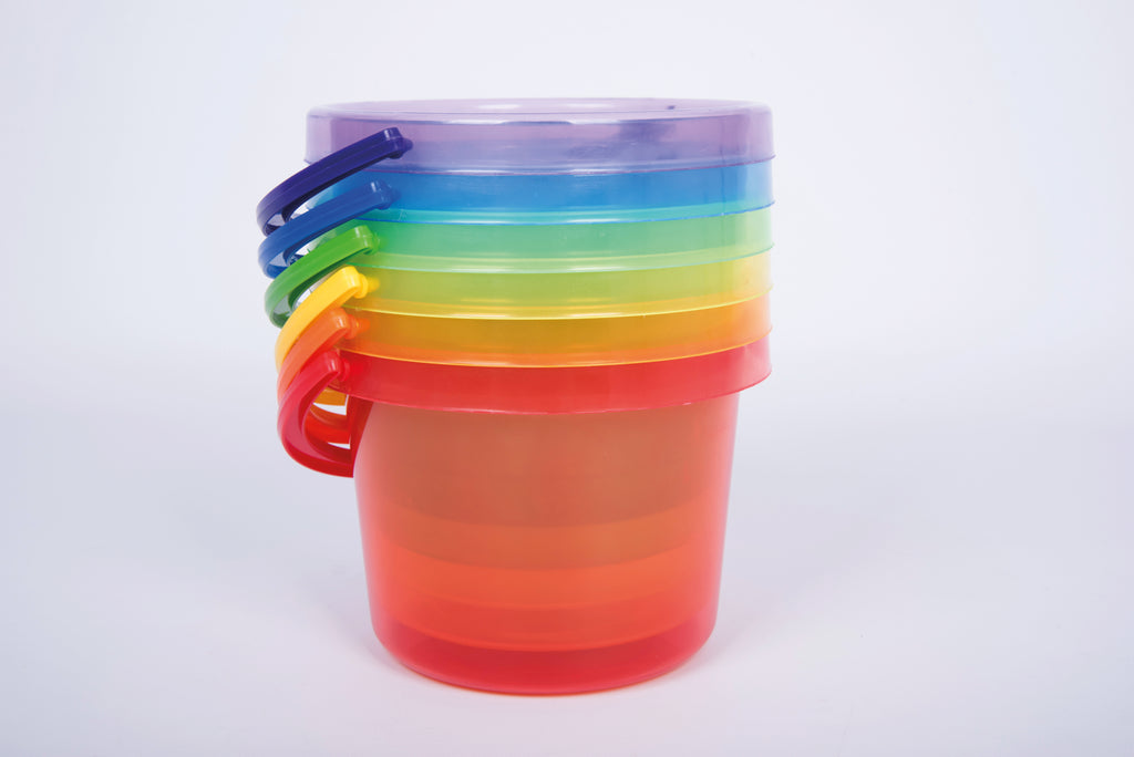 Stacked translucent bucket set in red, purple, blue, green, orange layers with handles