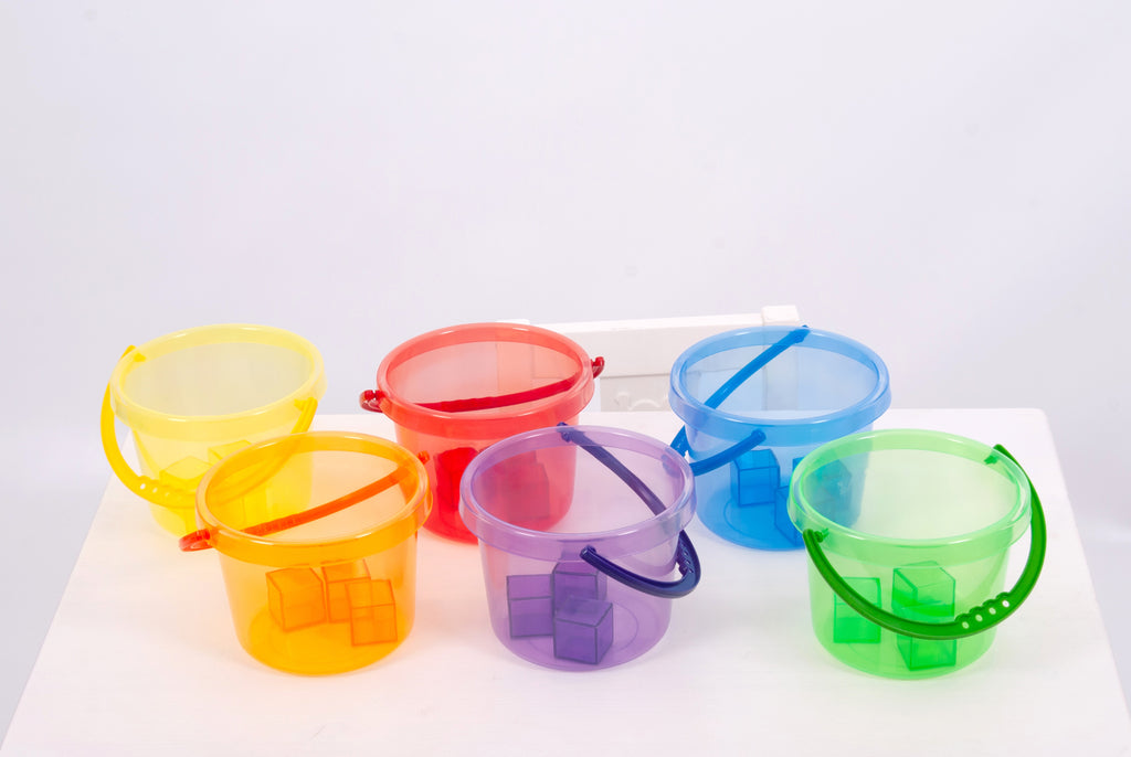 Translucent bucket set with yellow, red, blue, green, purple buckets and handles