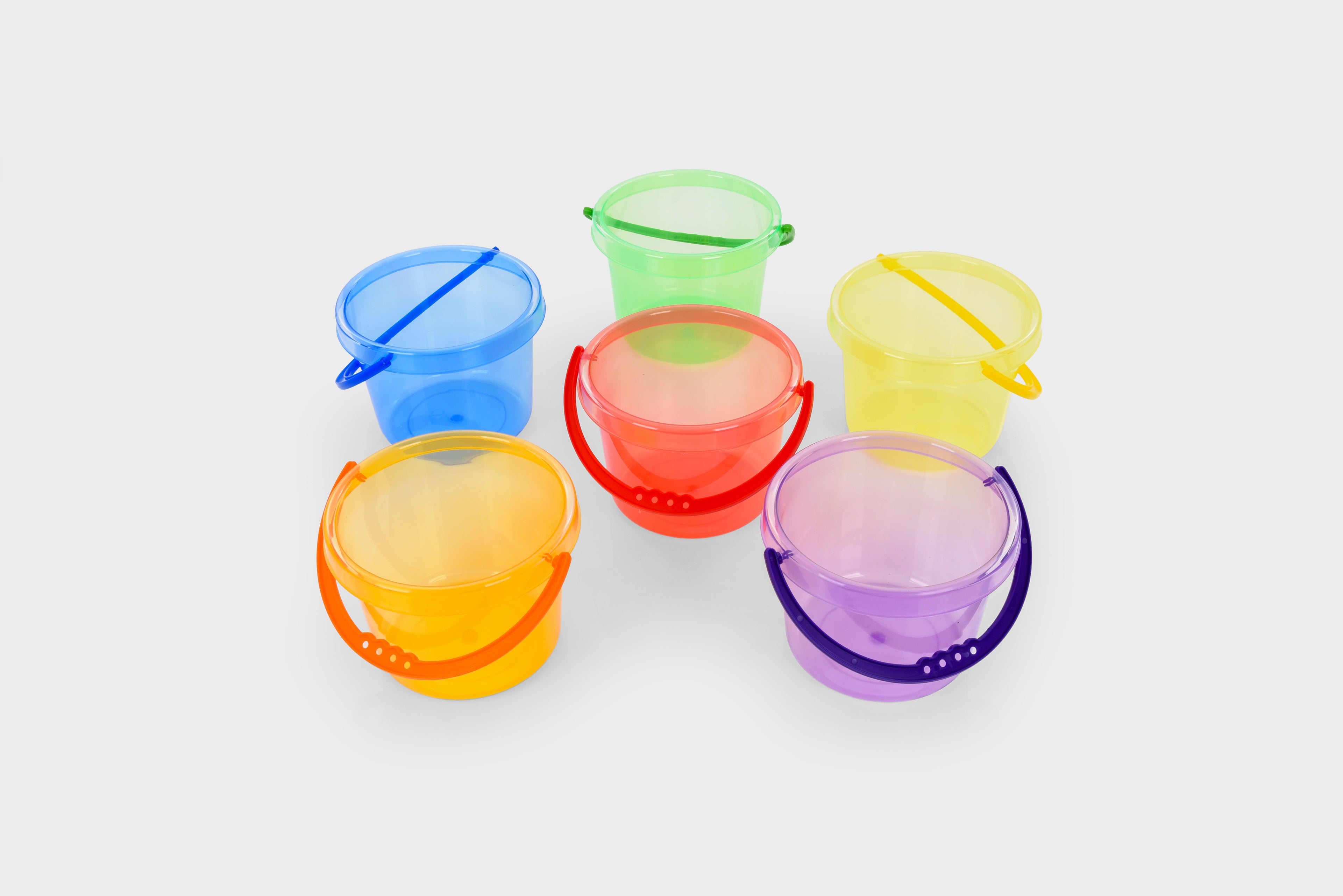 Translucent bucket set: blue, green, yellow, orange, purple buckets with lidded handles